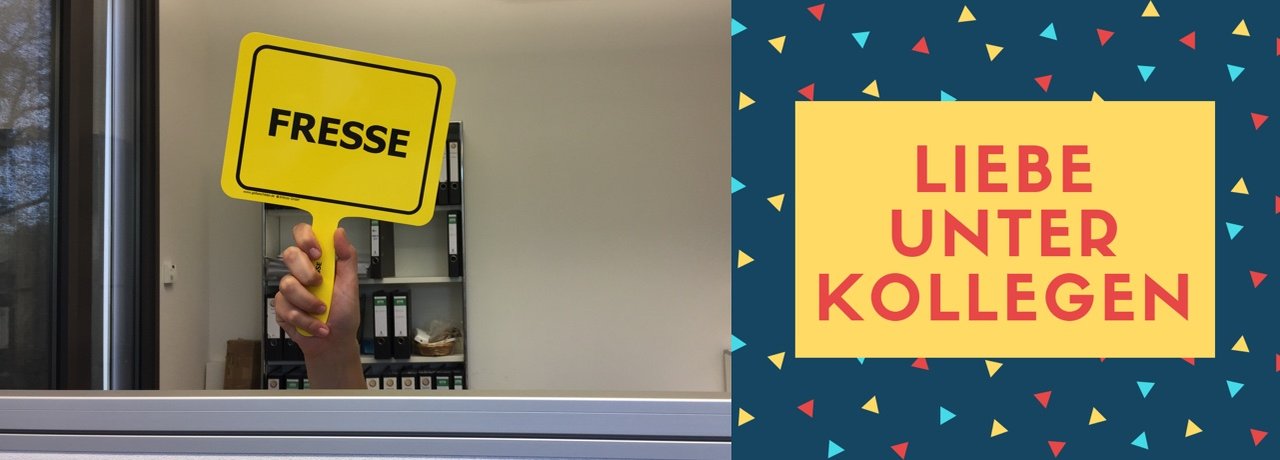 Hand im Büro hält gelbes Schild mit Text - "Fresse" hoch